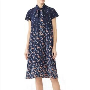 Becken 6 silk floral swing dress blue tie neck trapeze